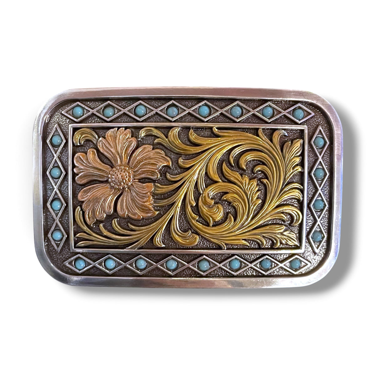Women's Turquoise Framed Floral Rectangle Buckle