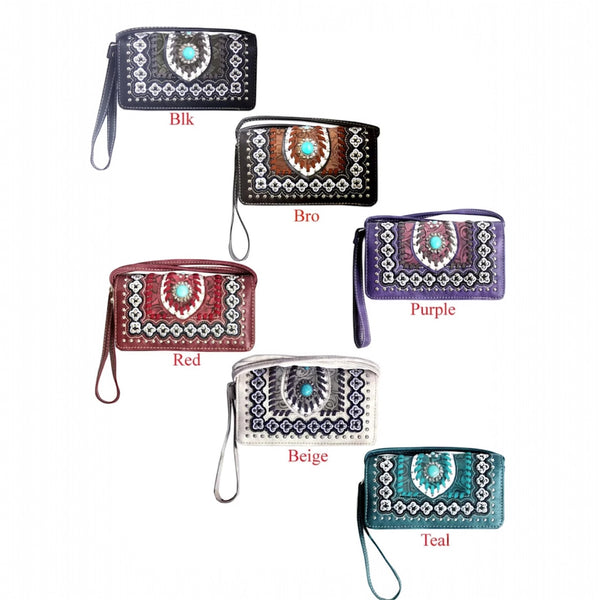 Tri-Fold Round Turquoise Concho Wallet with Crossbody Strap