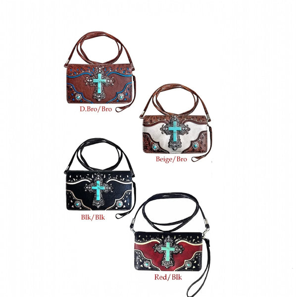 Tri-Fold Turquoise Cross Wallet with Crossbody Strap