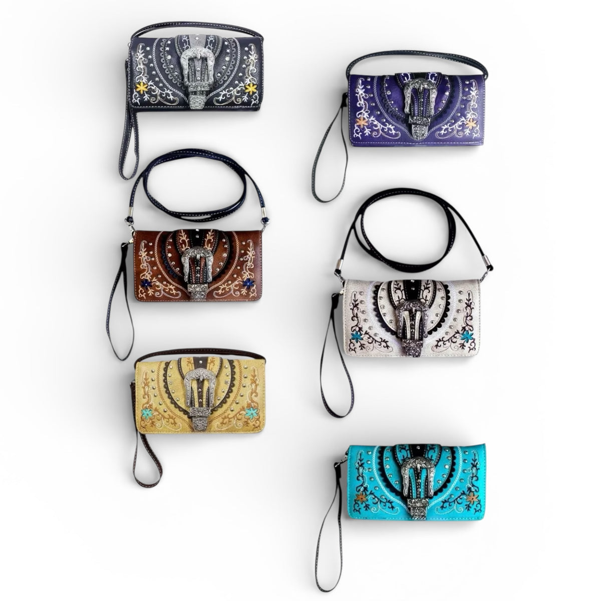 Tri-Fold Buckle Flower Print Wallet with Crossbody Strap