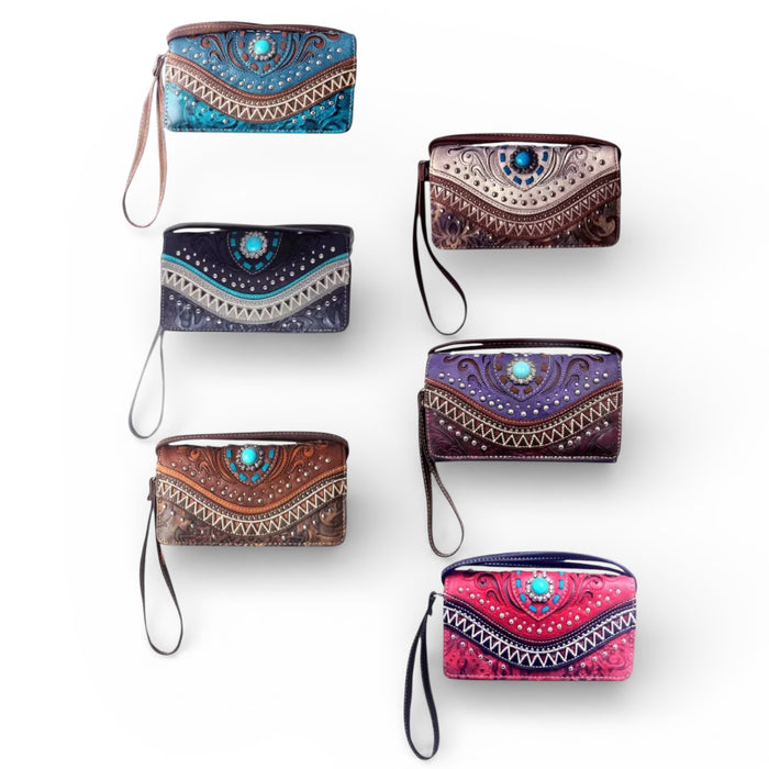 Tri-Fold Arched Turquoise Concho Wallet with Crossbody Strap