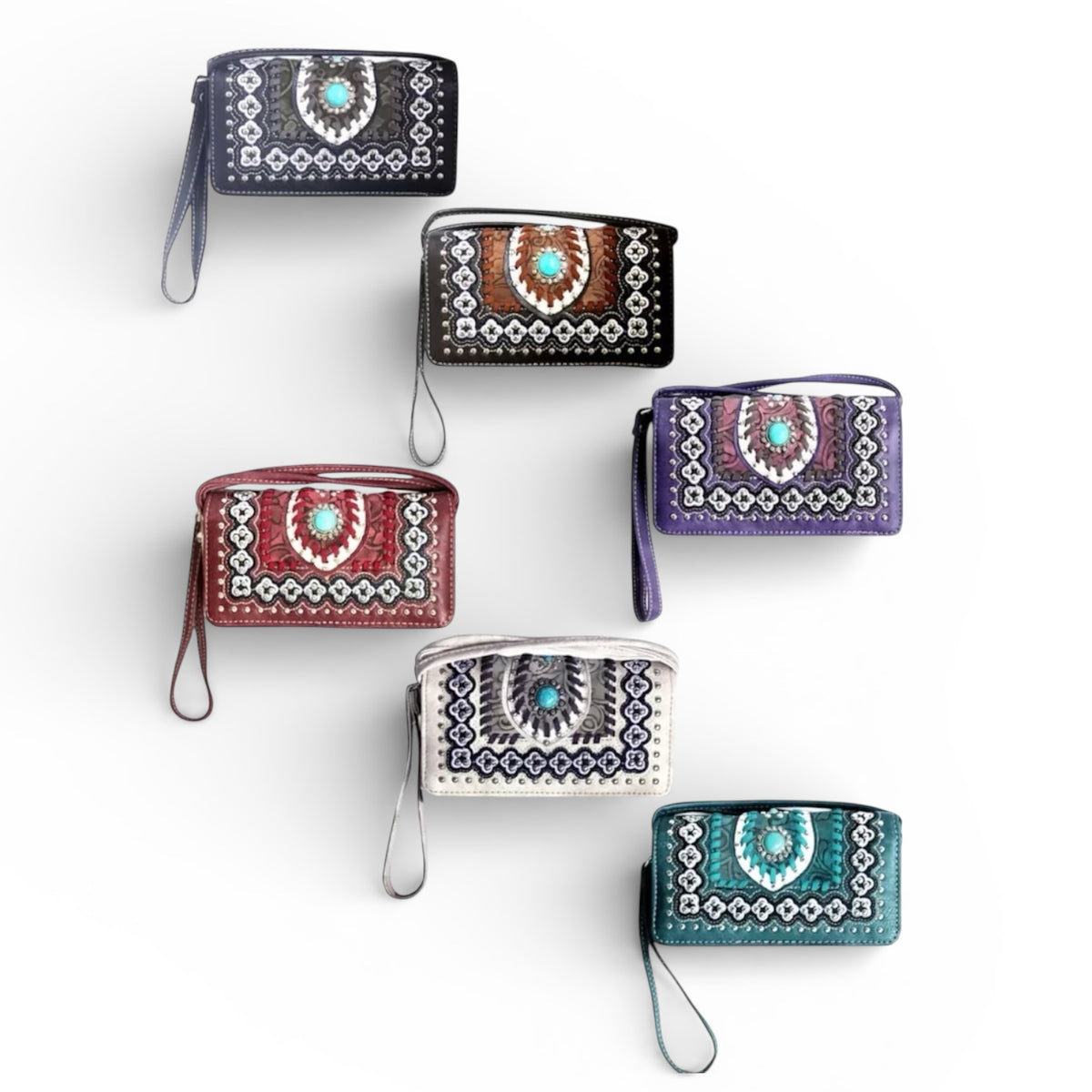 Tri-Fold Round Turquoise Concho Wallet with Crossbody Strap