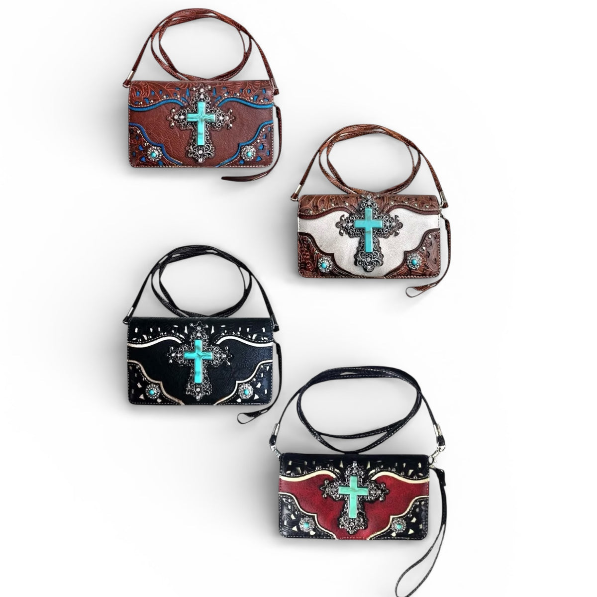 Tri-Fold Turquoise Cross Wallet with Crossbody Strap