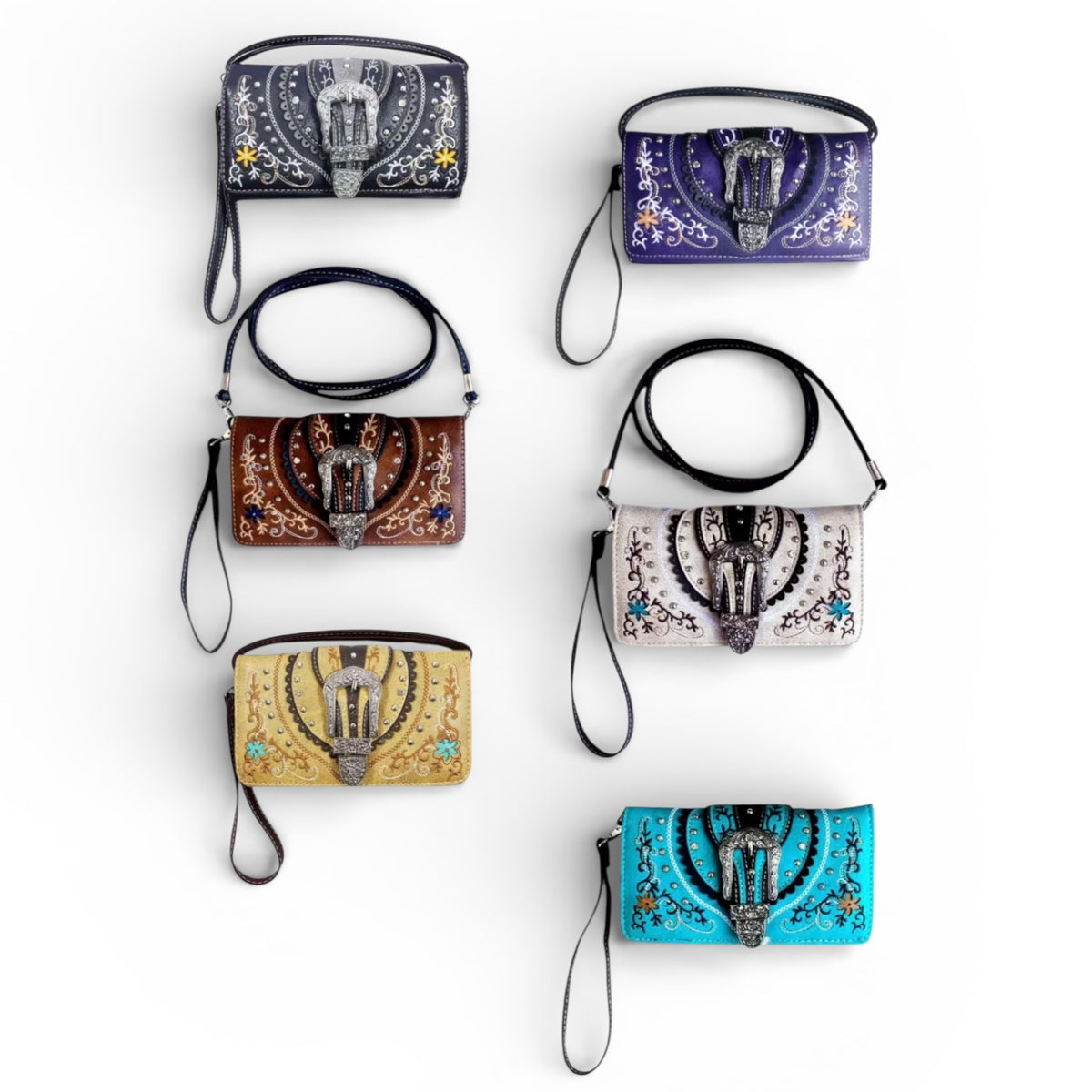 Tri-Fold Buckle Daisy Print Wallet with Crossbody Strap