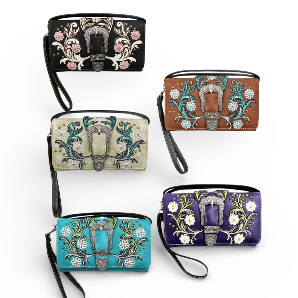 Tri-Fold Buckle Colorful Flower Print Wallet with Crossbody Strap