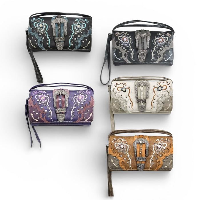 Tri-Fold Buckle Print Wallet with Crossbody Strap