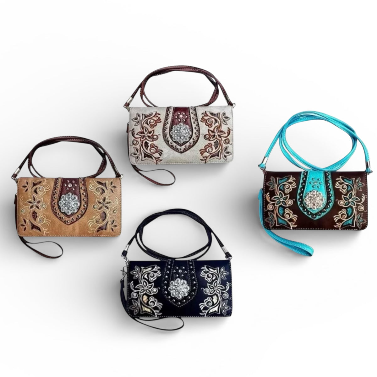 Tri-Fold Sparkle Decal Wallet with Crossbody Strap