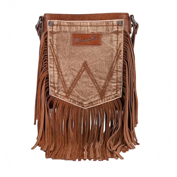 Wrangler Leather Fringe Jean Denim Pocket Crossbody Bag - Brown/Brown