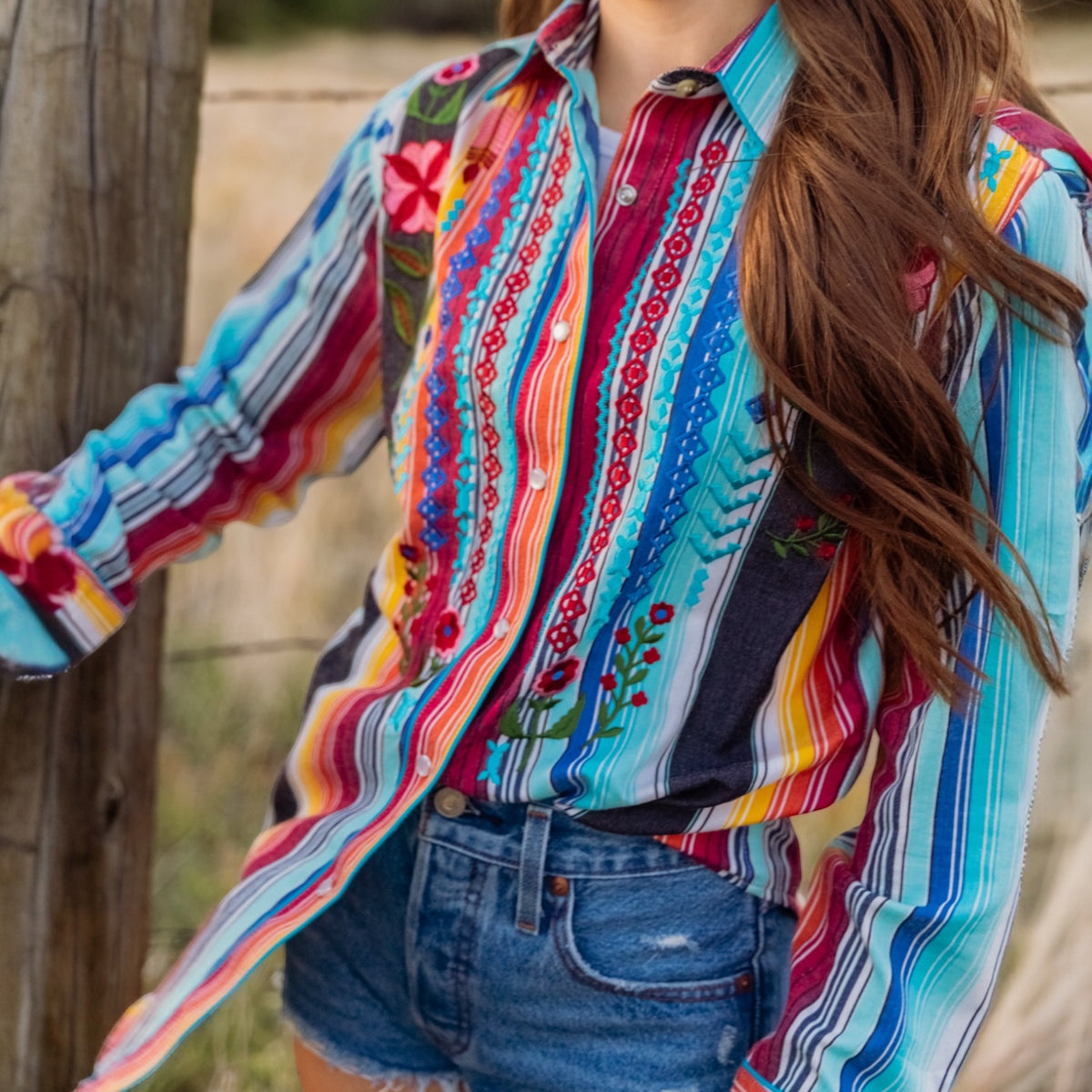 Women's Rockmount Boho Serape Stripe Western Shirt with Cascading Embroidery
