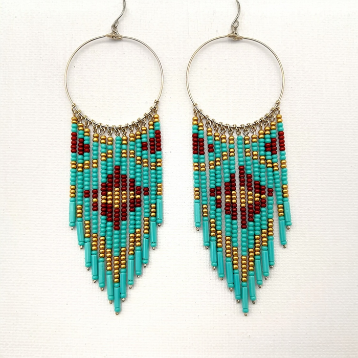 Teal Burgundy Detail Beaded Earrings
