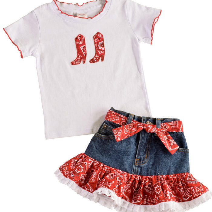 Children's outfit with white t-shirt and denim skirt featuring red bandana patterns on a white background