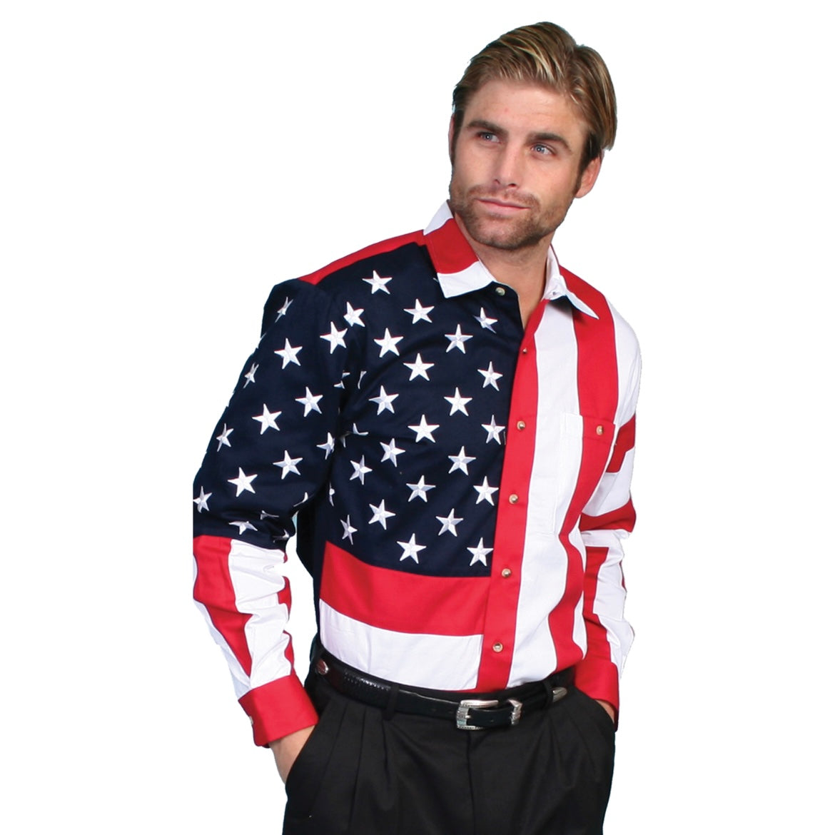 Scully Mens Long Sleeve Patriot Western Shirt Bold Stars And Stripes