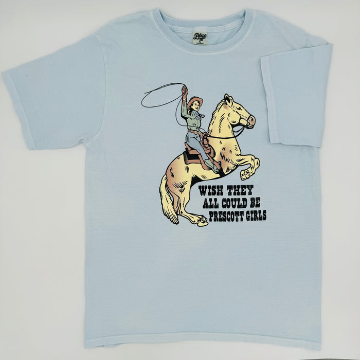 Light blue t-shirt with graphic of a woman riding a horse and text on a white background