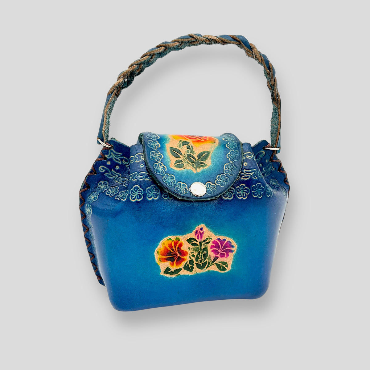 Blue Leather Floral Handmade Wristlet