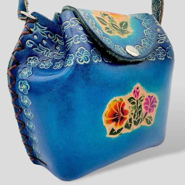 Blue Leather Floral Handmade Wristlet