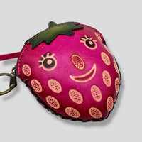 Small Strawberry with Face Leather Wristlet