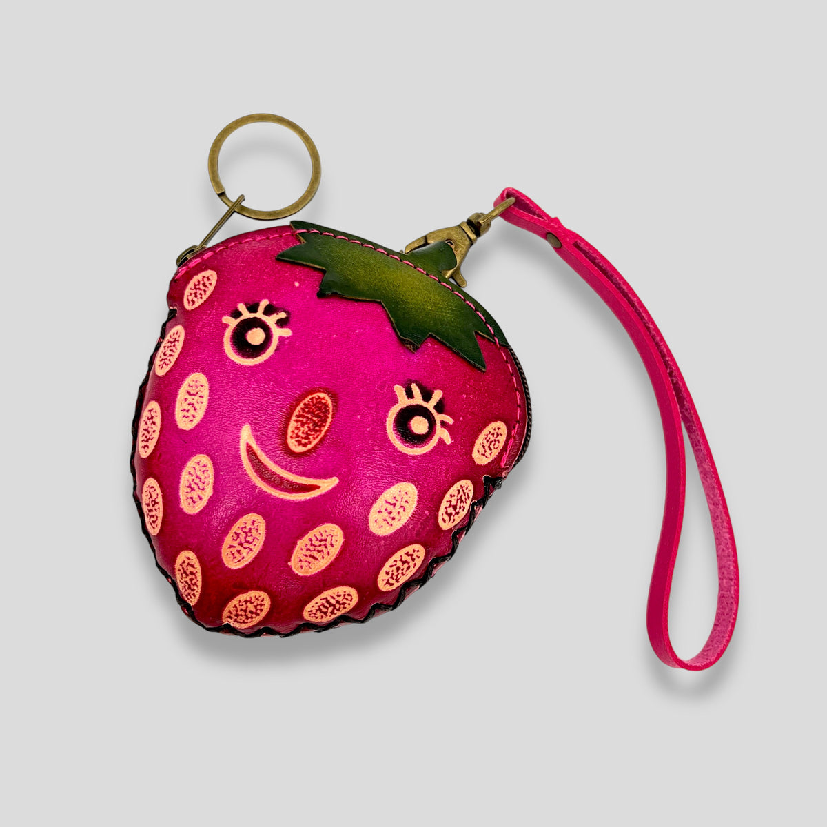 Small Strawberry with Face Leather Wristlet