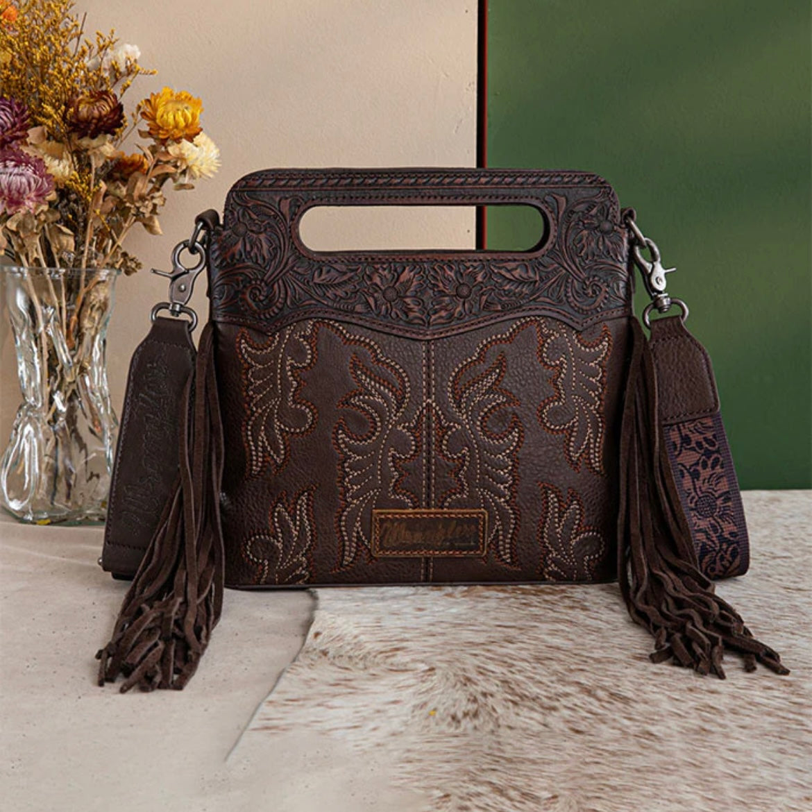 Wrangler Tooled Fringe Crossbody Bag Coffee