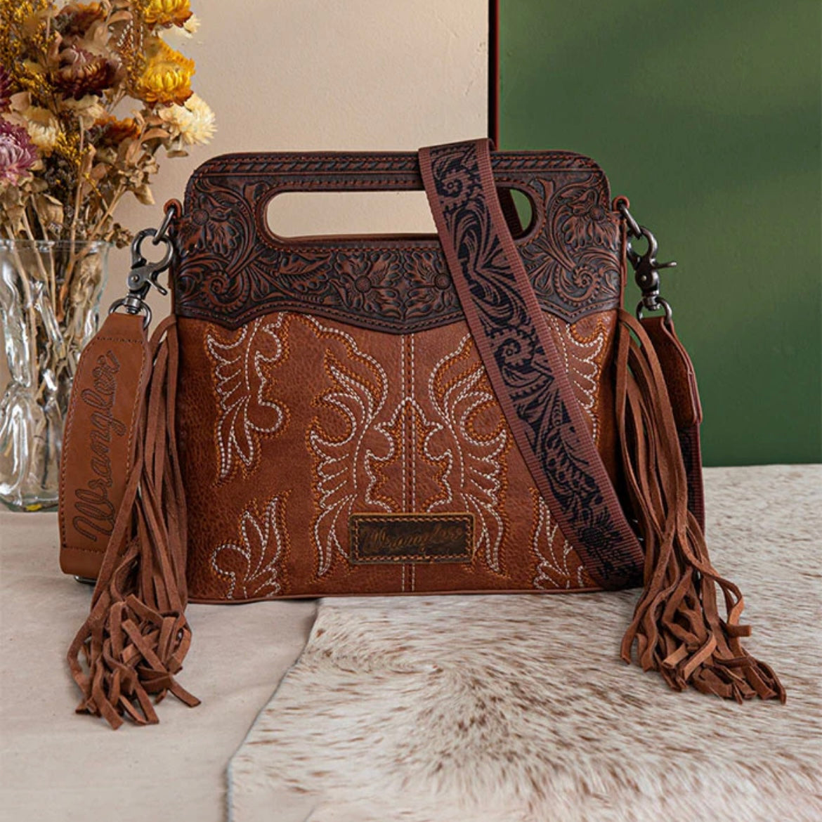 Wrangler Tooled Fringe Crossbody Bag Brown