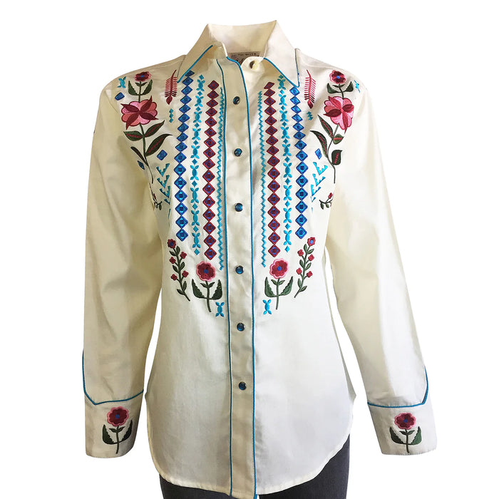 Women's Rockmount Boho Serape Western Shirt with Cascading Embroidery in Ivory