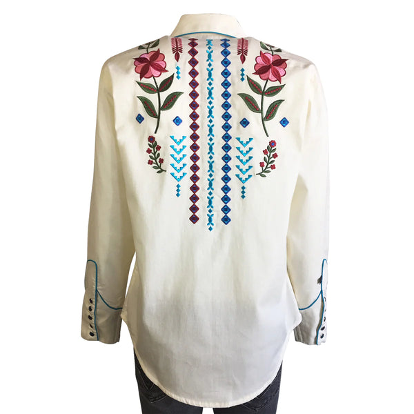Women's Rockmount Boho Serape Western Shirt with Cascading Embroidery in Ivory