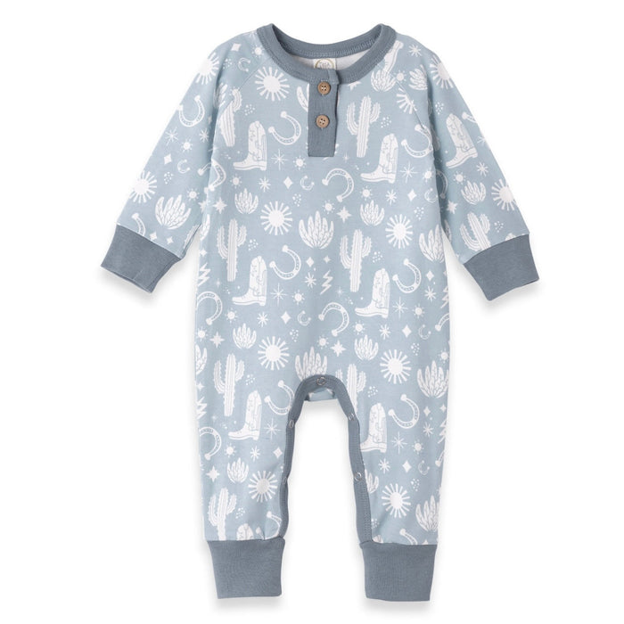 A blue and gray baby romper with a cowboy hat and cactus print, featuring a front snap closure and a V-neckline.