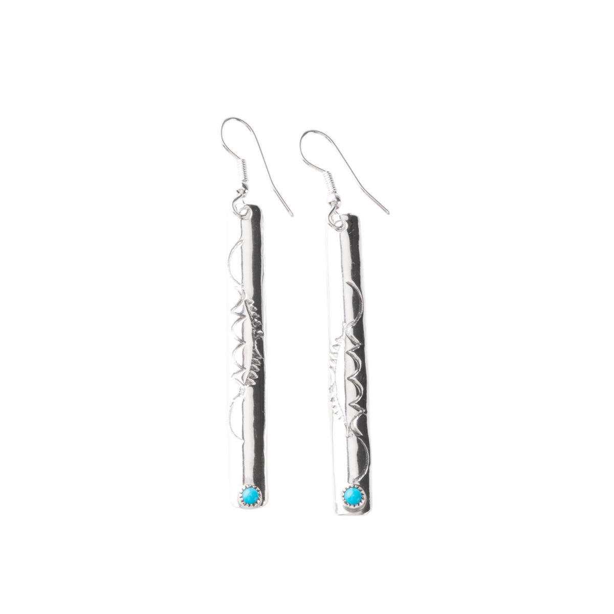 Genuine Navajo Handcrafted Sterling Silver Long Engraved Earrings with Turquoise