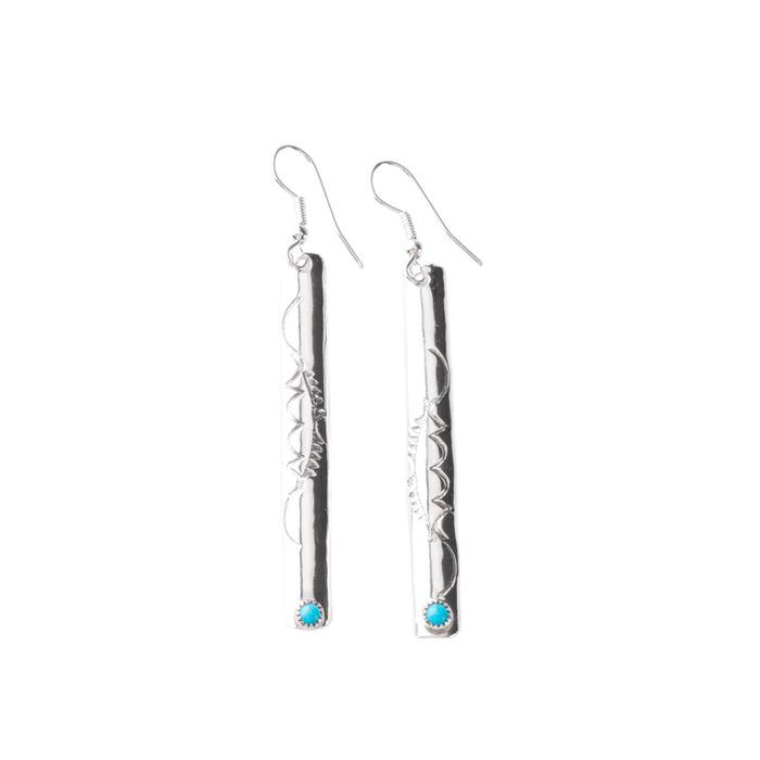 Genuine Navajo Handcrafted Sterling Silver Long Engraved Earrings with Turquoise