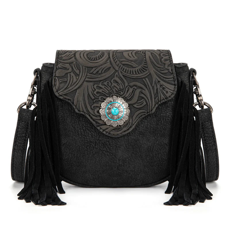 Montana West Floral Tooled Mini Fringe Crossbody Bag