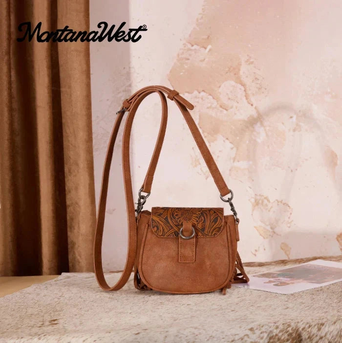 Montana West Floral Tooled Mini Fringe Crossbody Bag