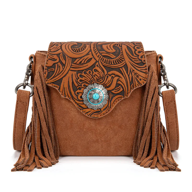 Montana West Floral Tooled Mini Fringe Crossbody Bag