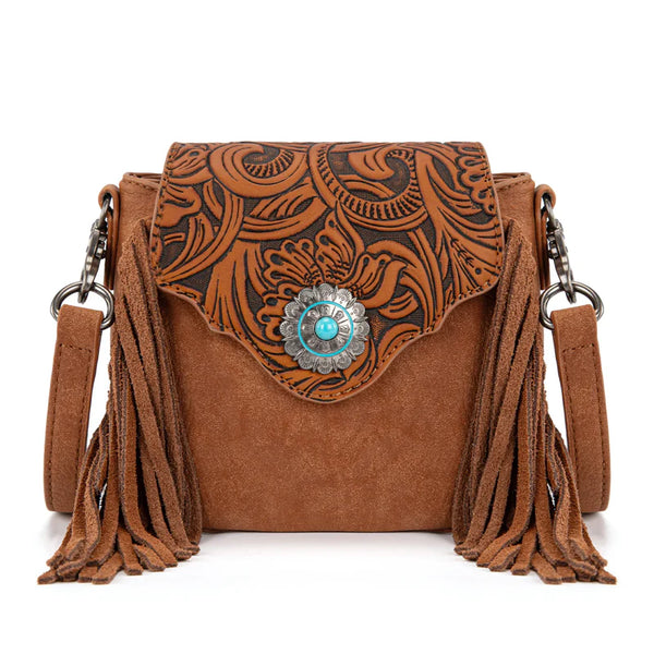 Montana West Floral Tooled Mini Fringe Crossbody Bag