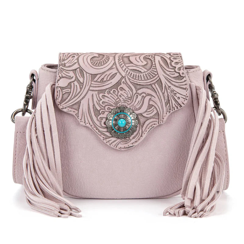 Montana West Floral Tooled Mini Fringe Crossbody Bag