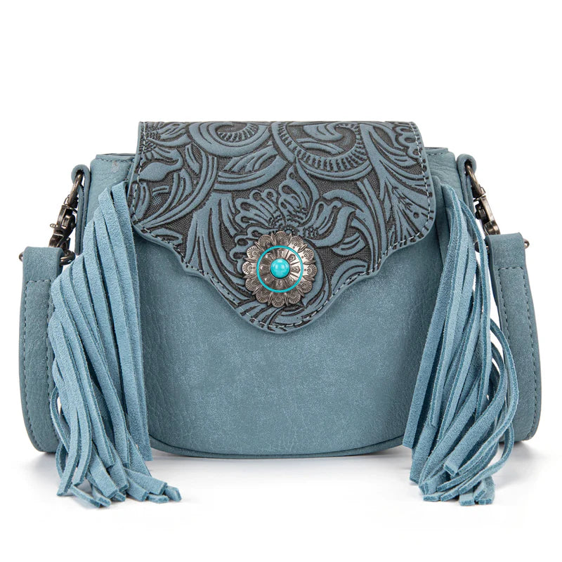 Montana West Floral Tooled Mini Fringe Crossbody Bag