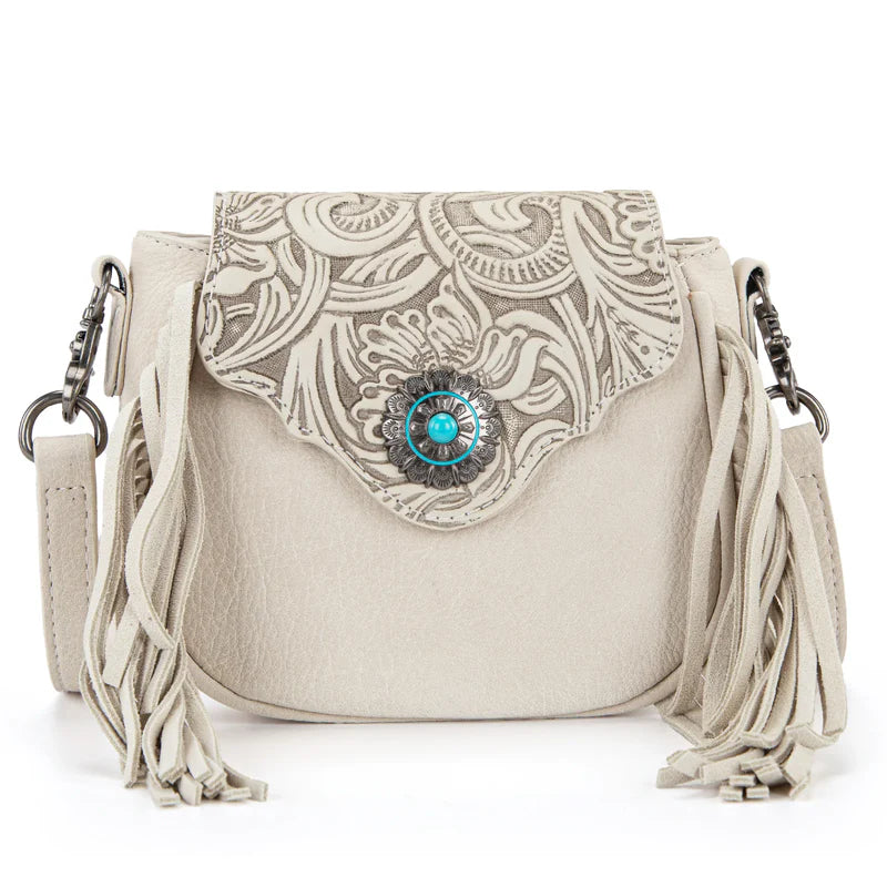 Montana West Floral Tooled Mini Fringe Crossbody Bag