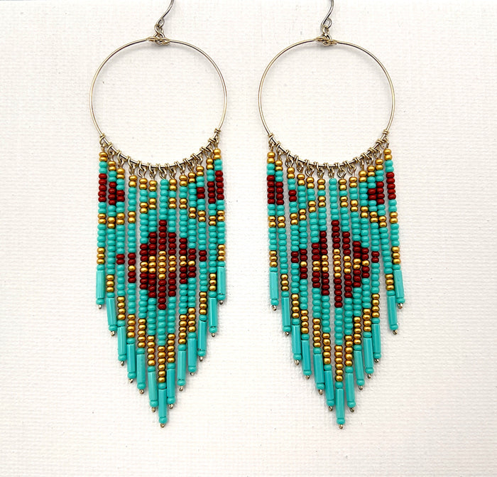 Teal Burgundy Detail Beaded Earrings