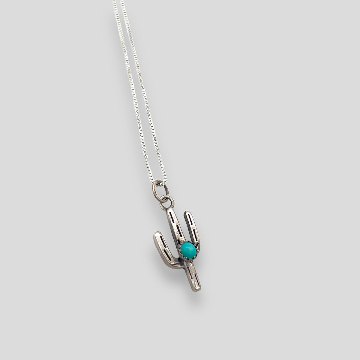 Small Turquoise and Sterling Silver Thin Saguaro Pendant Necklace