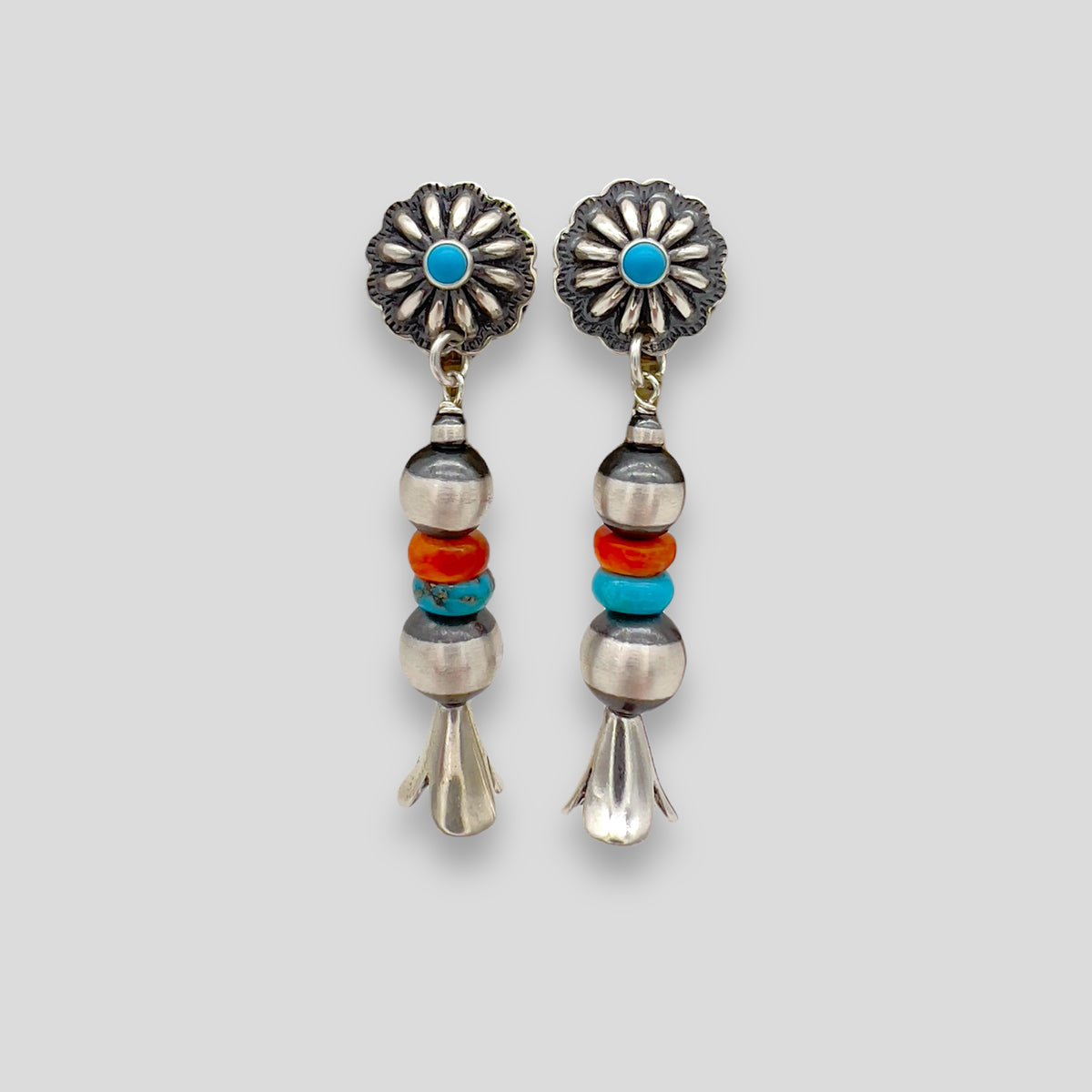 Native American Made Turquoise and Red Coral Earrings
