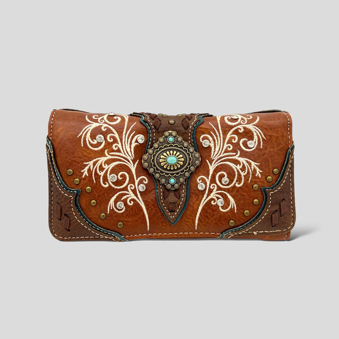 Brown Trifold Embroidered Wallet