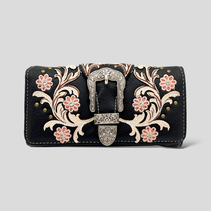 A black trifold embroidered wallet with a floral pattern, featuring a magnetic snap closure and a zippered pocket.