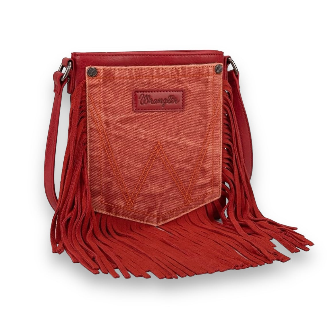 Wrangler Leather Fringe Jean Denim Pocket Crossbody Bag