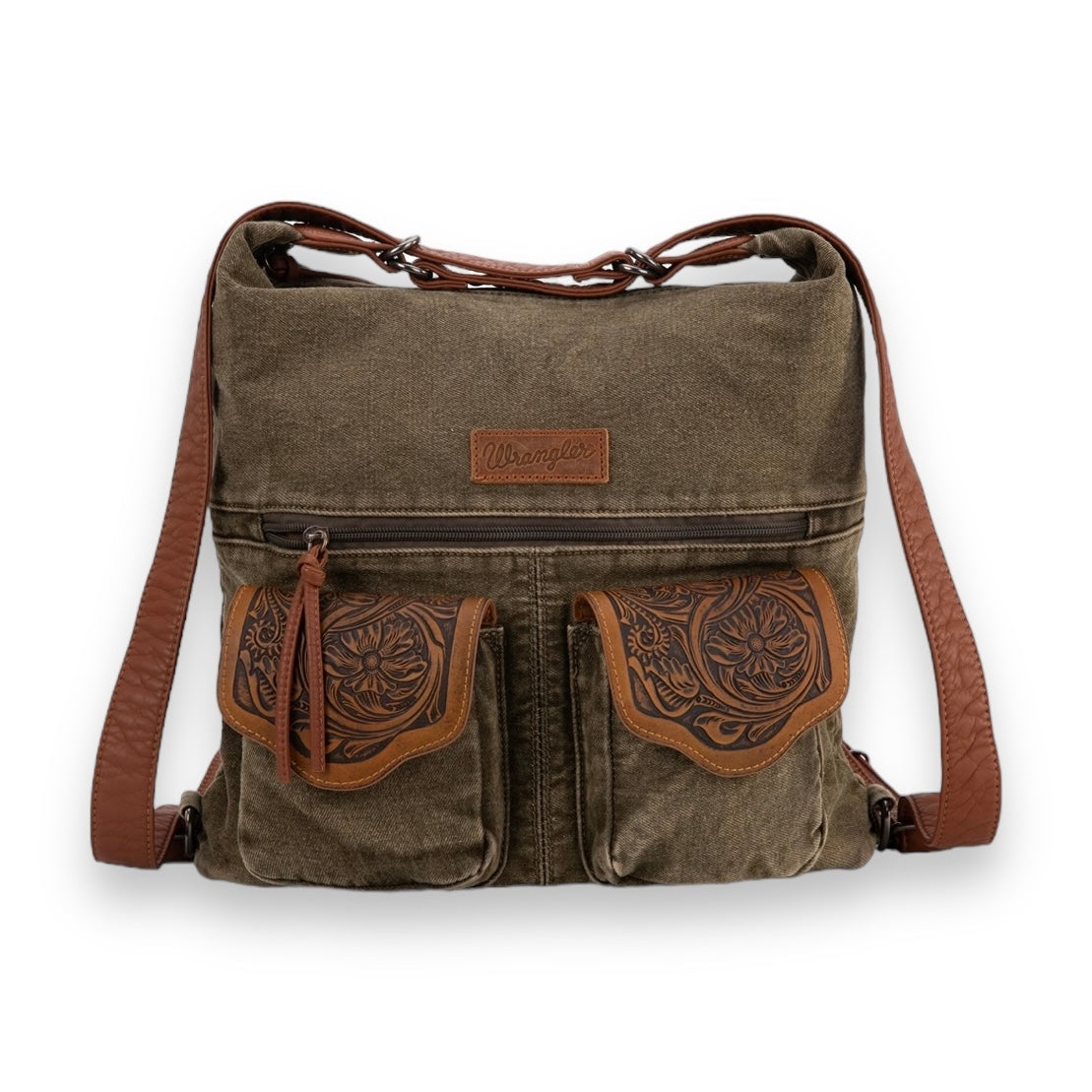 Wrangler Floral Tooled Denim Hobo/Crossbody Backpack (Convertible ) Olive