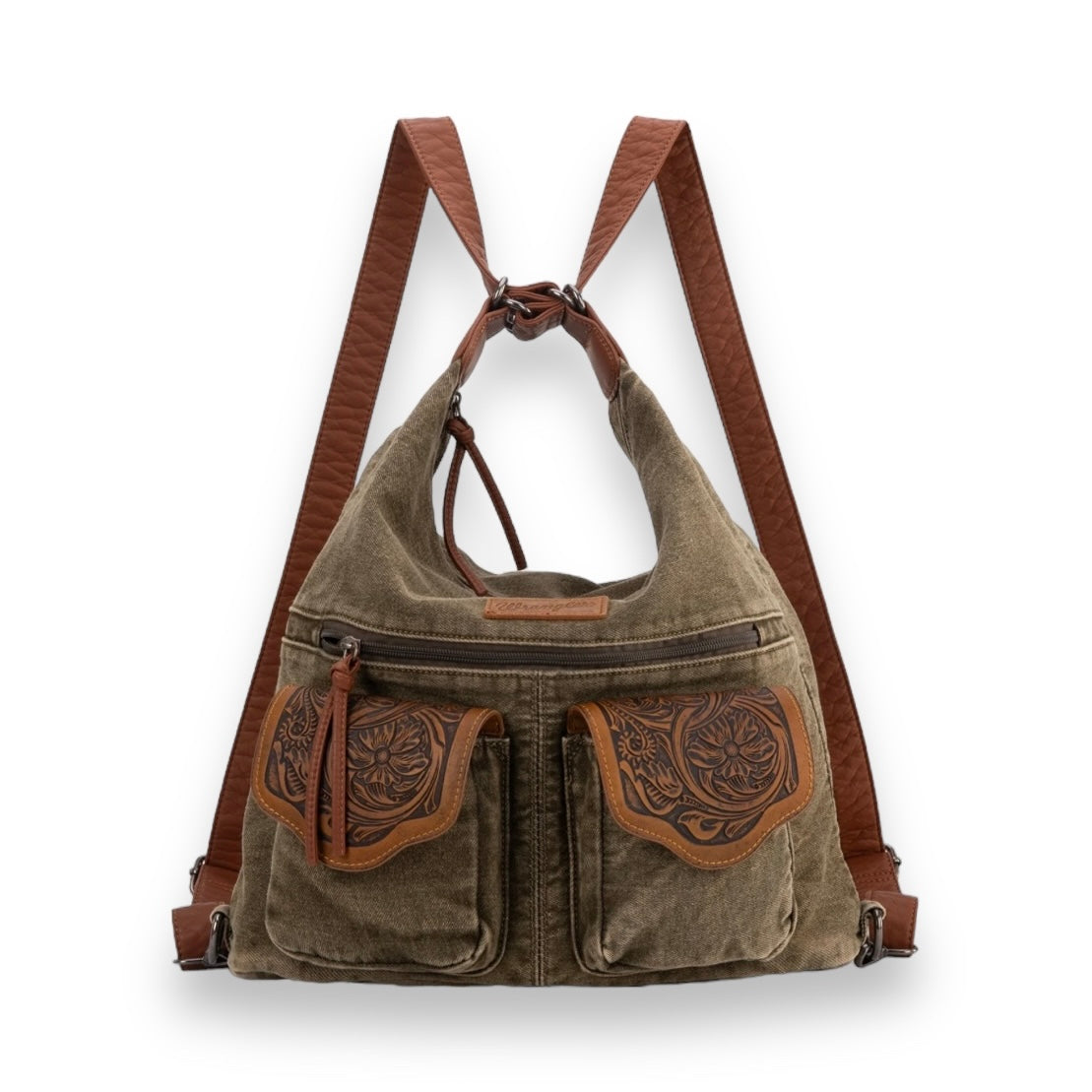 Wrangler Floral Tooled Denim Hobo/Crossbody Backpack (Convertible ) Olive