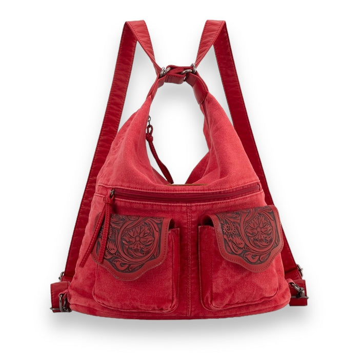Wrangler Floral Tooled Denim Hobo/Crossbody Backpack (Convertible ) Red