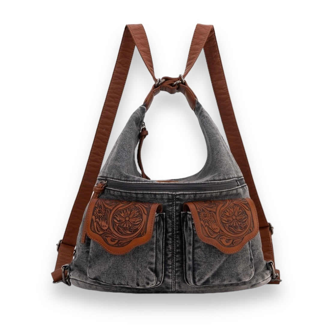 Wrangler Floral Tooled Denim Hobo/Crossbody Backpack (Convertible ) Black