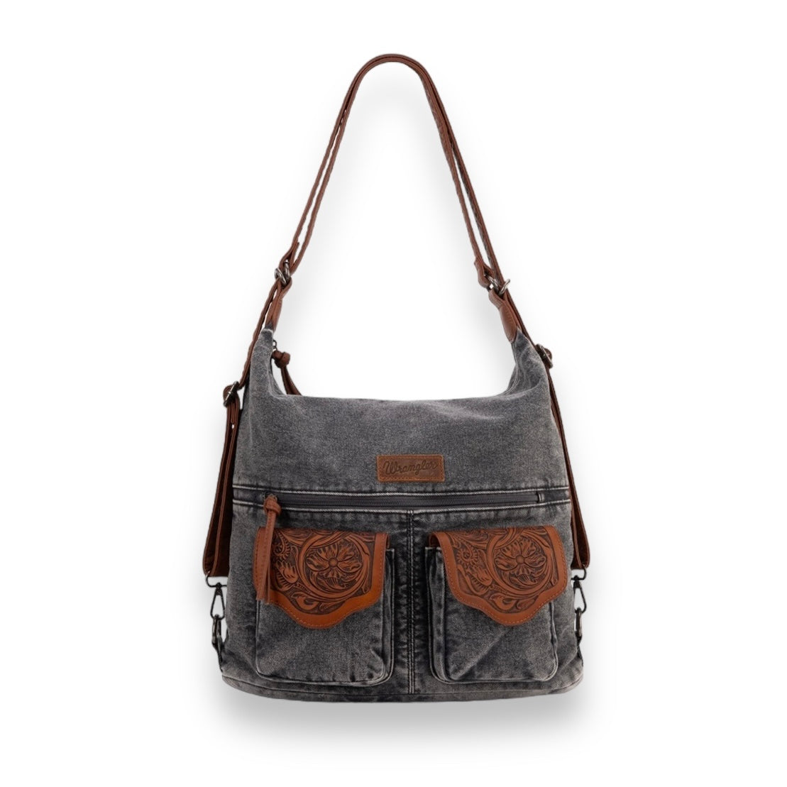 Wrangler Floral Tooled Denim Hobo/Crossbody Backpack (Convertible ) Black