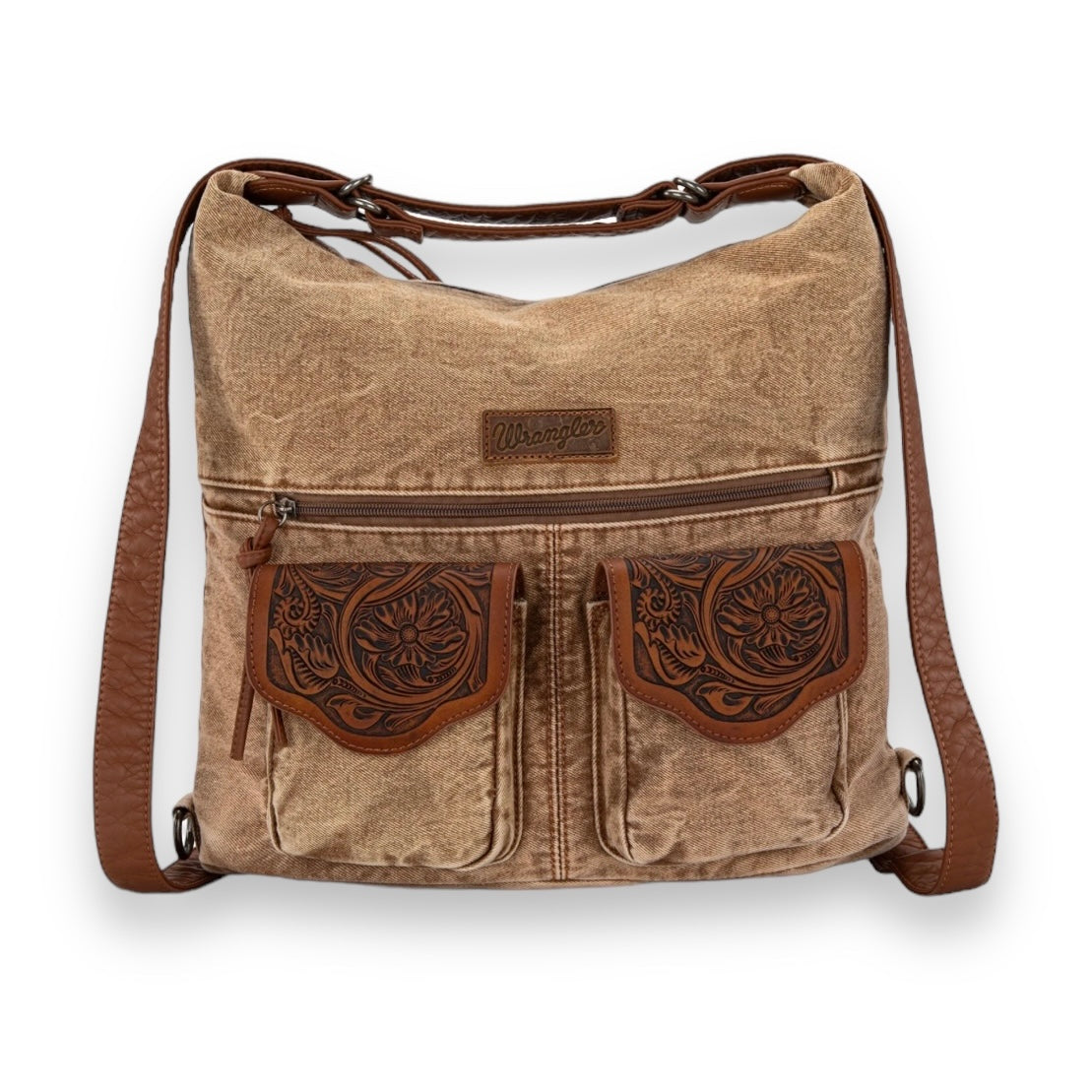 Wrangler Floral Tooled Denim Hobo/Crossbody Backpack (Convertible ) Brown