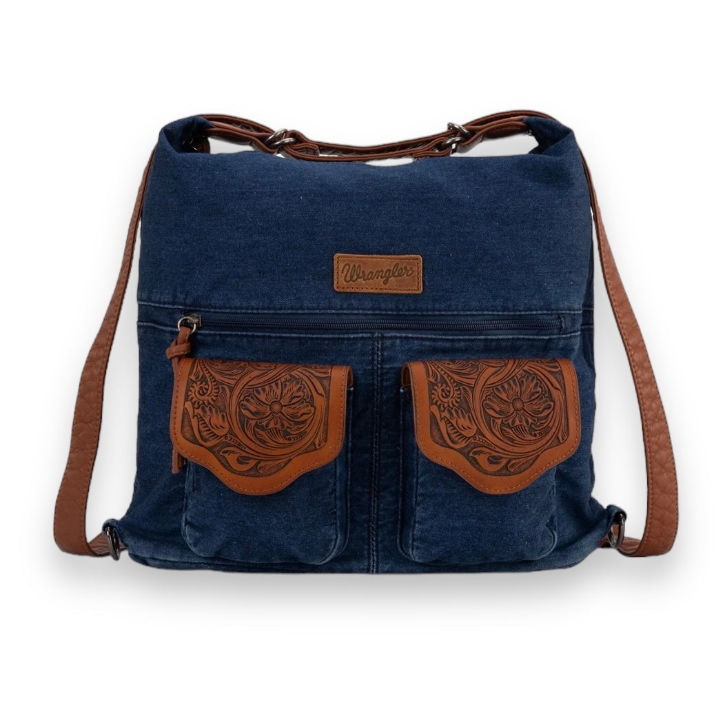 Wrangler Floral Tooled Denim Hobo/Crossbody Backpack (Convertible ) Navy