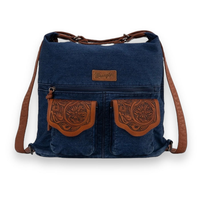 Wrangler Floral Tooled Denim Hobo/Crossbody Backpack (Convertible ) Navy