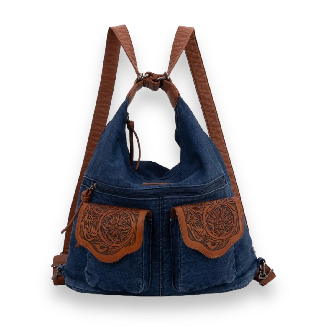 Wrangler Floral Tooled Denim Hobo/Crossbody Backpack (Convertible ) Navy